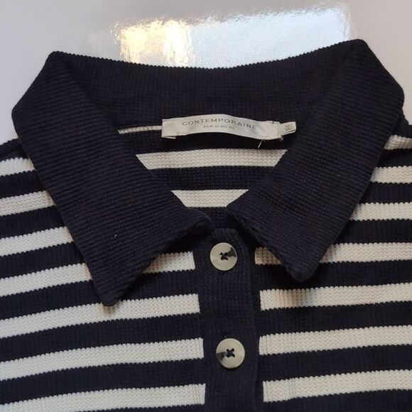 Organic Cotton Striped Black and White Polo Long Sleeve Waffle T Shirt M - Picture 5 of 7